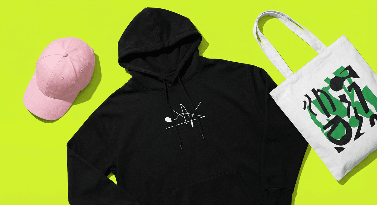 Custom merch — hoodie, cap, tote bag